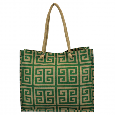 15-  GREEN & TAN GREEK KEY JUTE BAG